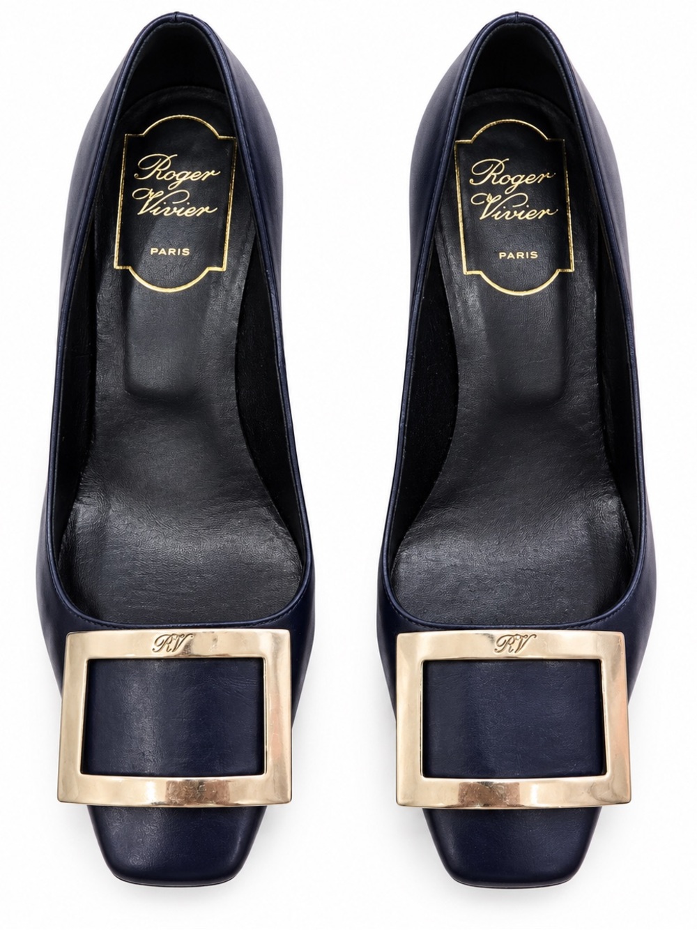 Roger Vivier Belle Vivier Trompette 70 Navy Leather Pumps Silver Buckle EU 37.5